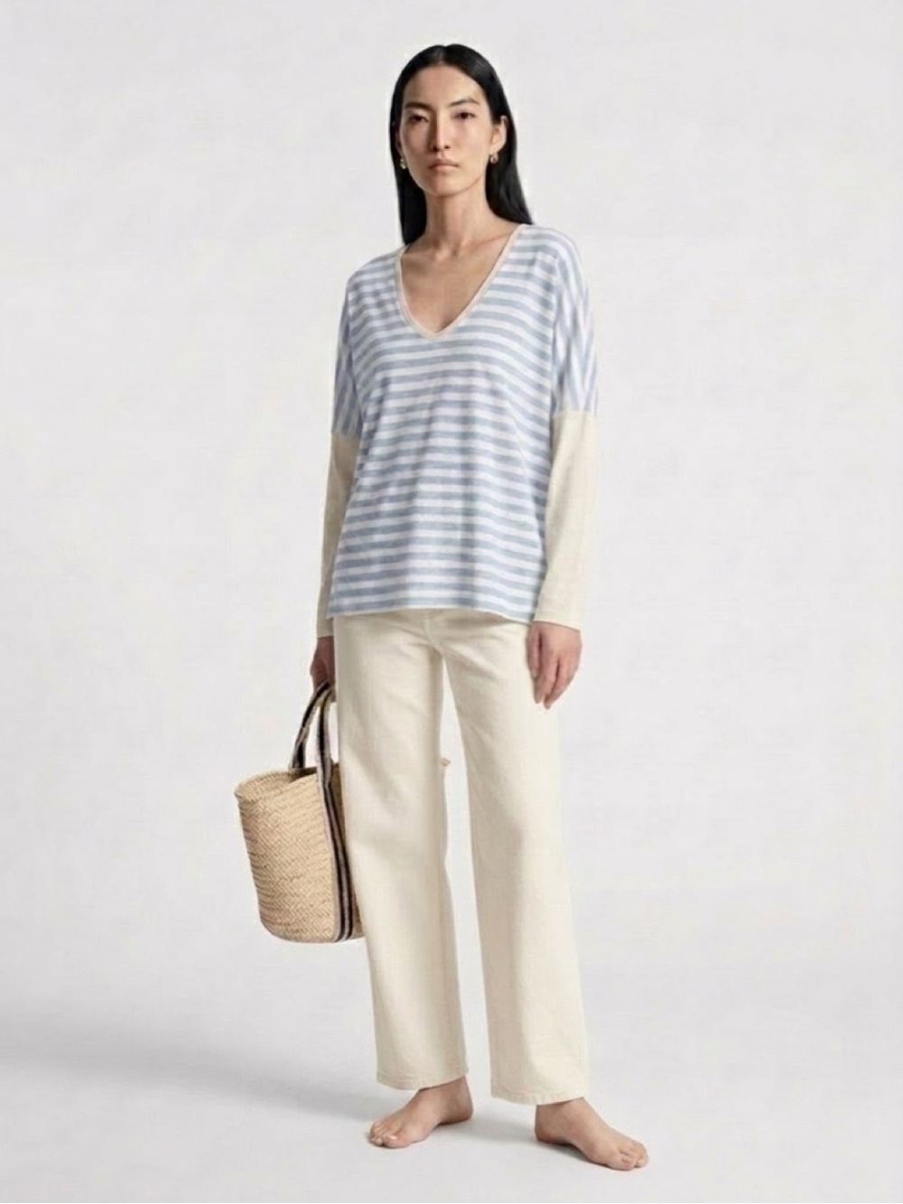 StyleMint Womens Size 4 Blue Ivory Striped V-Neck Cotton Modal Relaxed Top USA
